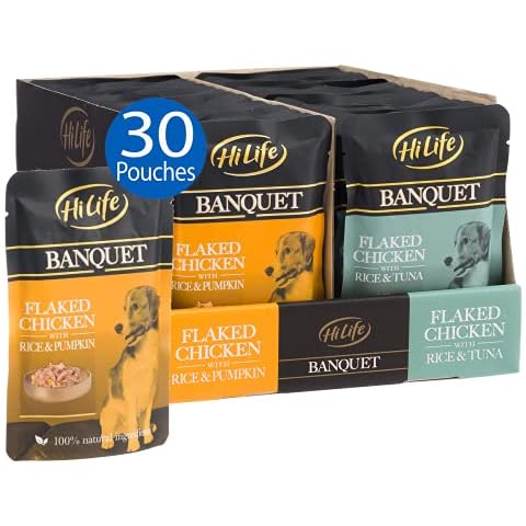 HiLife BANQUET - Wet Dog Food - Flaked Chicken Breast, Rice & Tuna/Chicken Breast, Rice & Pumpkin - Natural Ingredients, 30 Pouches x 100g Cover