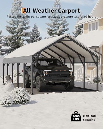 Image of GarveeLife 12x25 ft Metal Carport Oversized, Reinforced Frame and Steel Roof for All-Weather Use, Permanent Shelter for Bass Boats, Full-Sized Pickup Trucks, and Tractors