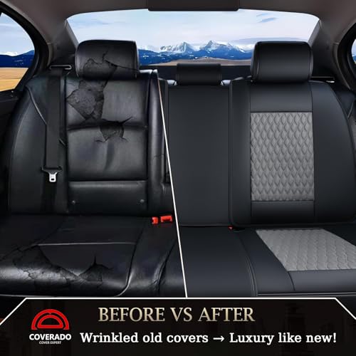 Image of Coverado Leather Rear Seat Covers for Cars, Waterproof Back Seat Cover, Universal Automotive Seat Cushion Protector for Most Cars Trucks SUV (Black&Gray)