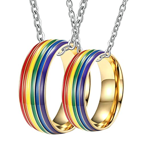 Ayoiow Collar para pareja, cadena de acero inoxidable, anillo de oro LGBT de 8 mm con arco iris cadena y colgante para hombre
