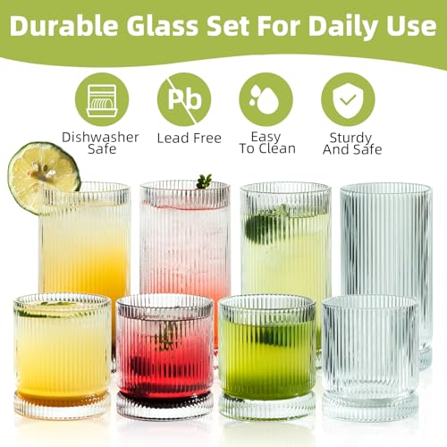 KEMORELA Vintage Ribbed Drinking Glass Set - 8 Pieces (4 Highballs & 4 Whiskey Glasses) for Cocktails and Beverages
