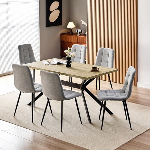 WAFTING Juego de Mesa y 6 Sillas, 140 × 80 × 73 cm HDF con Vetas de Madera Clara, y Sillas de Comedor Acolchadas Grises con Respaldo Alto y Diseño de Lino, para Cocina, Comedor