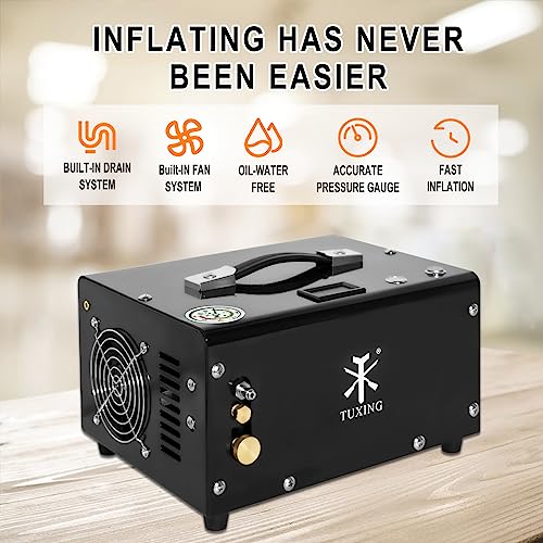 Image of TUXING PCP Air Compressor, Max 4500 PSI, Dual Power Car 12V DC or Home 110V AC, Fast Fill for Air Rifle or Paintball Tank, Built-in Cooling Fan, Portable Pcp Pump (GREEN)