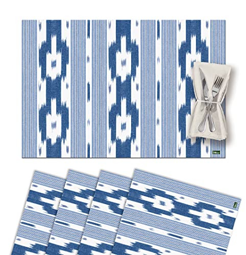 Set di 4 Sottopentola Singola in Vinile Lavabile Impermeabile Antimacchia Antiscivolo Antiaderente e Resistente al Calore Stile Ikat-Maiorca Mantovana Blu. Minorca