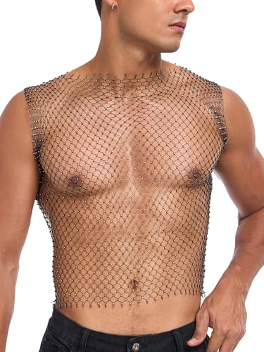 CYCLAMEN Rhinestone Mens Tank Tops Fishnet Sparkly Diamond Sleeveless Shirt See Through Festival Sexy Outfits Rave Party3