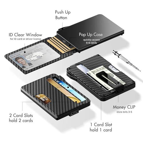 Wallet for Men, Mens Wallet Minimalist Slim Wallet, Cash Slot, ID Window, Credit Card Slots, RFID Blocking Smart Pop-up Money Clip, Metal Aluminum Credit Card Holder Bifold Wallet（Carbon Fiber Black）2