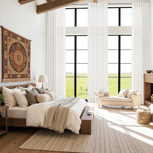 Image of Nanspring Extra Long Linen Curtains 126 Inch for Living Room Beige White