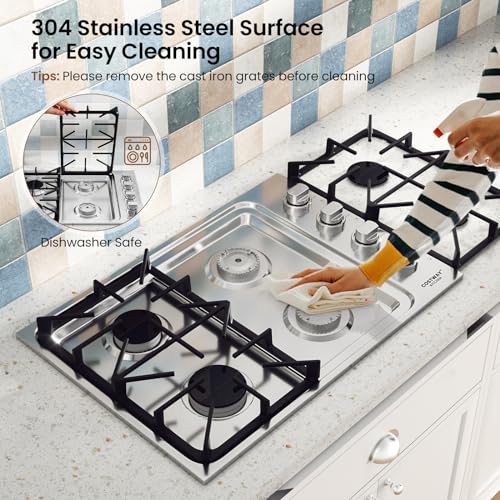 COSTWAY 30-inch Stainless Steel Gas Cooktop, 4 Burner Gas Stove Top with ABS Knobs and Cast Iron Grates, NG/LP G Convertible Range Top with Sealed Burners, Easy to Clean, Silver