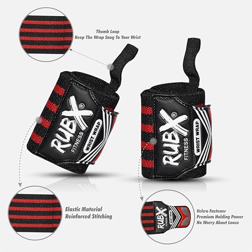 Image of RUBX Premium Wrist Wraps for Gym Workout - Adjustable Wrist Support Straps for Weightlifting, CrossFit, Powerlifting, Training - Men & Women Gym Accessories with Thumb Loop (Red)