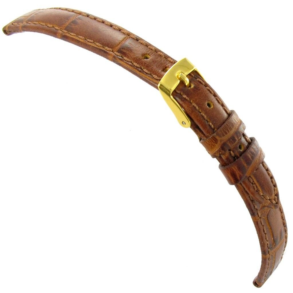 12mm Milano Genuine Leather Crocodile Grain Padded Stitched Brown Watch Band