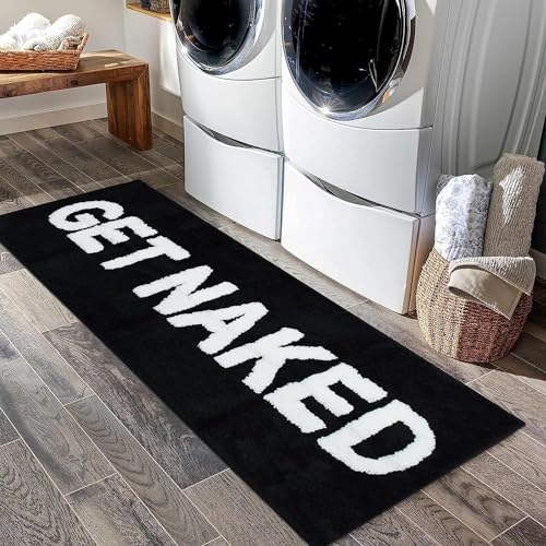 Black Get Naked Bath Mat, Long Runner Mat for Bathroom, Cute Fun Simple Bath Rug, Water Absorbent Non-Slip Microfiber Mat, 18"x47"