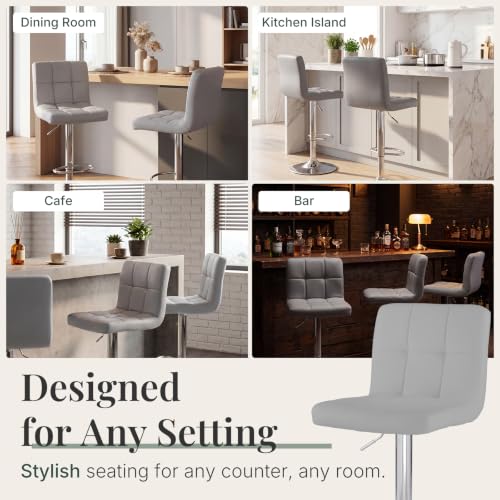 Image of DUMOS Bar Stools Set of 2, 24 inch Counter Height Bar Chairs, Upholstered Modern Kitchen Barstools with Metal Base, PU Leather Saddle Stools for Kitchen Island, Grey