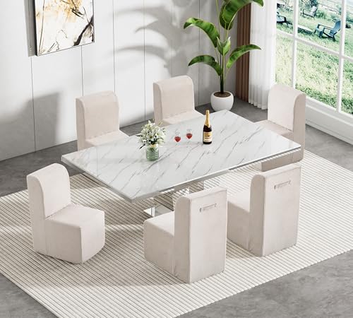Image of 7-Piece Extendable Dining Table Set for 6, Modern 63 inch-94 inch White Marble Expandable Kitchen Table Set with 6 Sofa Chairs,Large Extendable Dining Room Tables with Mirrored Columnar Base