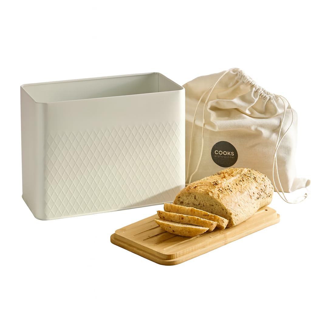 Cooks Professional Bread Bin - White - Bamboo Lid