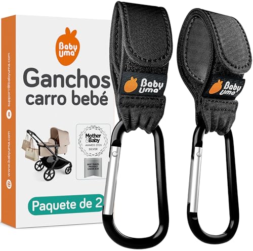 Baby Uma Ganchos Carro Bebé (Pack de 2)   Accesorios Bebé, Hasta 5 kg, Ajuste Universal, Antideslizante, Ligero y Duradero (Negro)