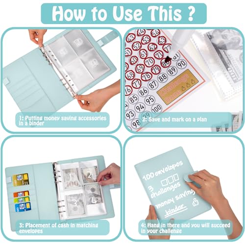 Image of Antner 100 Envelopes Money Saving Challenge Binder, Savings Challenges Book with Envelopes & 3 Challenge Trackers to Save $5,050 and $500 and $10,000, A5 Budget Binder Money Saving Book, Mint Blue