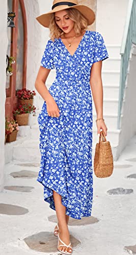 Image of WNEEDU Women's Summer Maxi Dress Short Sleeves Wrap V Neck Long Dresses with Pockets