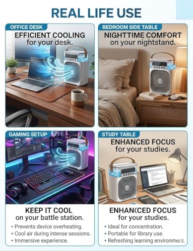Image of Drumstone 𝐁𝐞𝐚𝐭 𝐭𝐡𝐞 𝐇𝐞𝐚𝐭 5 Year Warranty Portable Mini Air Cooler Fan, USB Powered Personal AC with Mist Humidifier, 3-Speed Airflow, Ultra Quiet for Home, Office & Travel Energy Saving