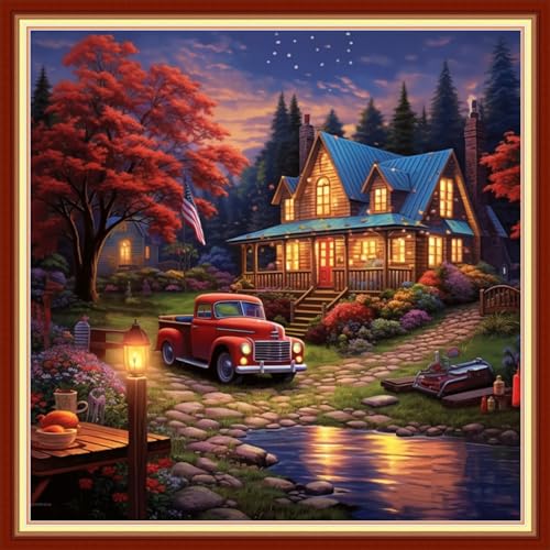 Image of Dimensean Stamped Cross Stitch Kits Full Range of Embroidery Patterns Starter Kits for Beginners Adult DIY Cross Stitches Needlepoint Kits 11CT-Night View of the Cabin 18x18 inch