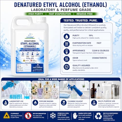 Image of VITSZEE Denatured Ethyl Alcohol 1L (Ethanol) | Laboratory & Perfume Grade | 99% Purity | Multi-Purpose Solvent | Fast Evaporation | Residue-Free Cleaning