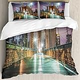 MJNLYDAO Sleeptime 100% Baumwolle Bettwäsche - Bettbezüge mit Reißverschluss - Set mit 2 Kissenbezüge,Leere Fußgängerpromenade auf der Brooklyn Bridge vor Sonnenaufgang.,228x264 cm