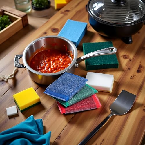 Image of 3Pcs Muticolor Iron Scouring Pads - Incredibly Tough, Heavy Duty and Long-Lasting Scrubbing Sponges. for Pots, BBQ Grills, Microwaves and Stovetops Household Cleaning Sponges (Blue, Green, Red)