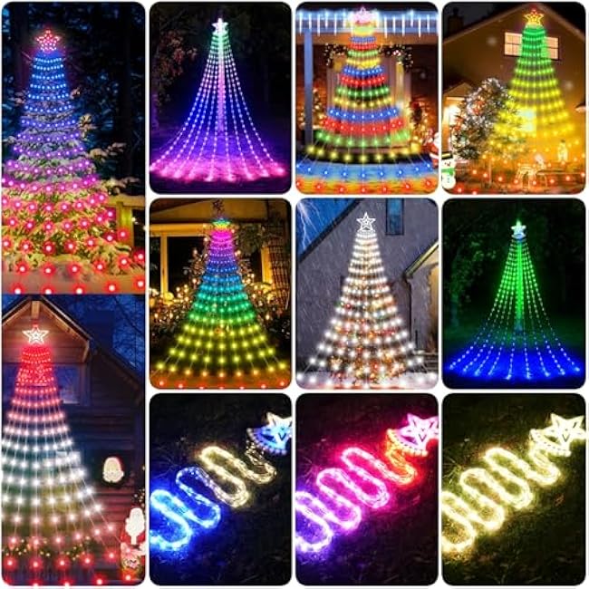 Outdoor Christmas Decorations Star String Light with Remote APP Control 10FT 305LED Waterfall Christmas Tree Light RGB Color Changing Waterproof Hanging Twinkle Fairy Light 210 Mode Timer Music Sync