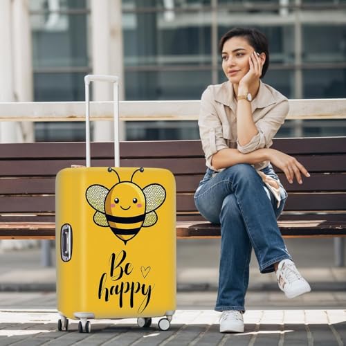 Image of Be Happy Bee Luggage Cover - Cute Yellow Travel Suitcase Protector with Motivational Quote - Stretchable Anti-Scratch Cover for 24-26 Inch Luggage,M