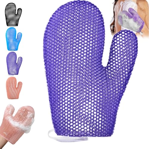ハニカム角質除去バスグローブ - 血行促進&ソフトで滑らかな肌のためのマイクロファイバー - 角質除去シャワーミットスポンジ すべての肌タイプ用 毛穴清潔 お風呂 シャワー 浴用 手袋 使いやすい (パープル)