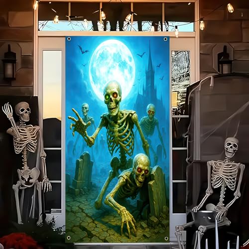 Image of BlissYard Halloween Skeleton Graveyard Door Cover 35x71 Inch Polyester | Entry Banner, Wall Backdrop | Skeleton Graveyard Door Decor, Party Scene | Porch, Hallway, Photos (Haunted House)
