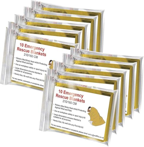 Bramble 10 Stück Rettungsdecke Rettungsfolie Gold/Silber 210x160cm - Auto Erste Hilfe Camping Survival Kit - Alu Thermo Wärmedecke Verbandskasten (10er-Pack)