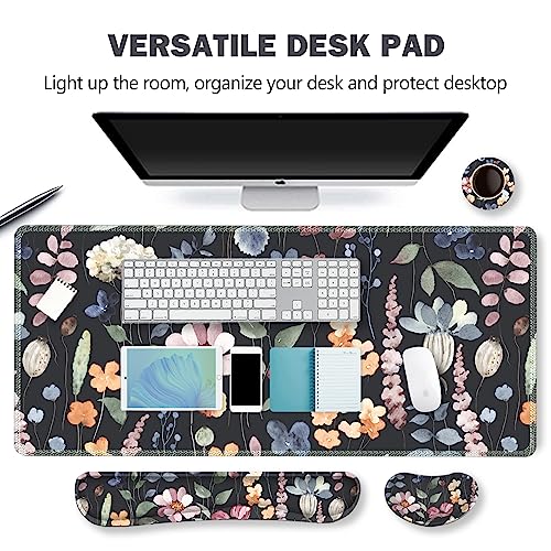 Image of ARTSO Gaming Mouse Pad Wrist Support Set, XXL Large Desk Mat Mousepad + Keyboard Wrist Support+ Mouse Wrist Rest+Coaster 4in1 Ergonomic, Memory Foam, Stitched Edge for Home Office -Flowers Plants