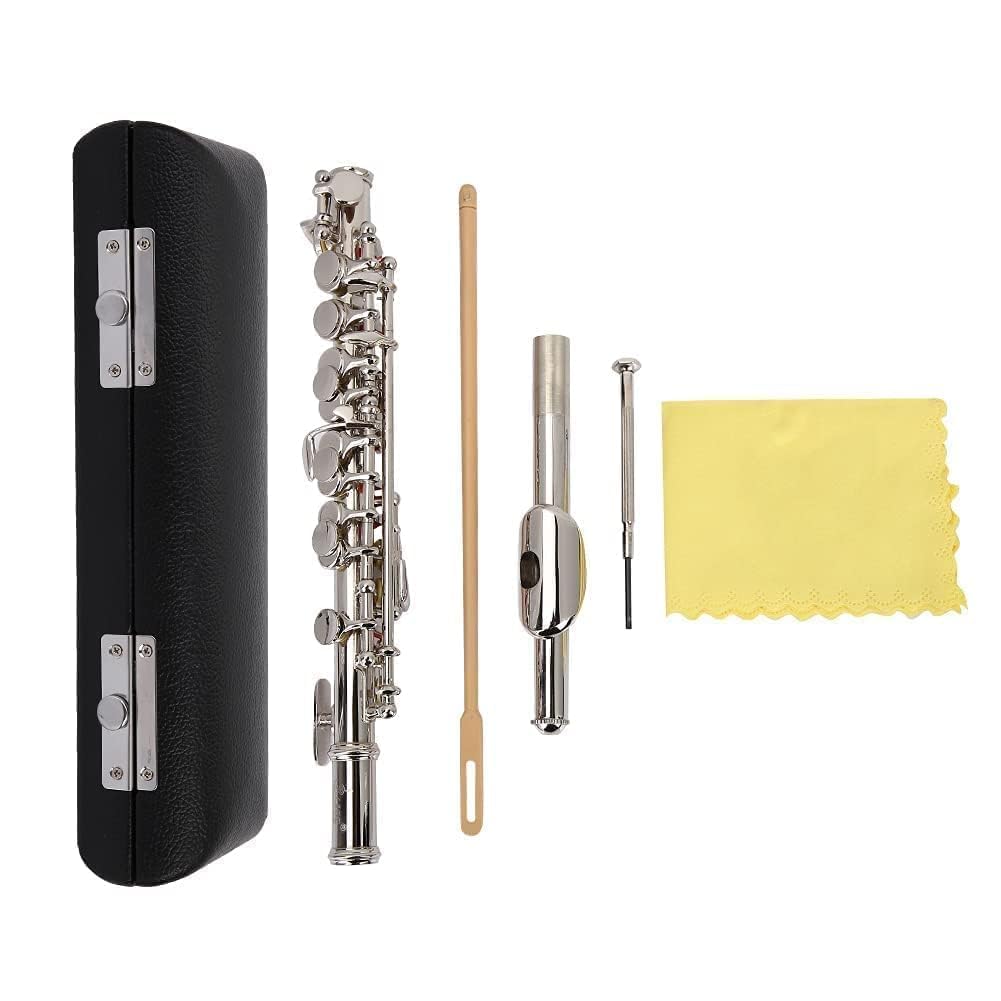 Key of C Flute Piccolo, Silver Plated Piccolo Instruments with Hard Protective Case Cleaning Rod Cloth Screwdriver for Beginners Students (Silver)