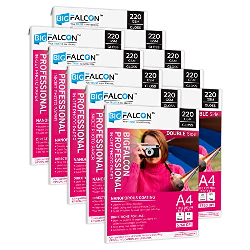 Image of BIGFALCON Professional A4 (8.5x11 inch) 220 GSM Double Sided Glossy Inkjet Photo Paper Premium Dual Sided Printing for Stunning Photos (Pack of 10-200 Sheets)