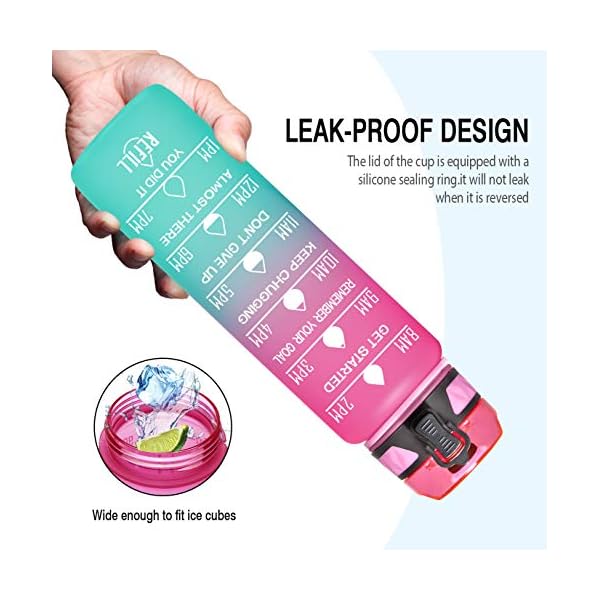 Elvira 32oz Motivational Fitness Sports Water Bottle with Time Marker & Removable Strainer,Fast Flow,Flip Top Leakproof Durable BPA Free