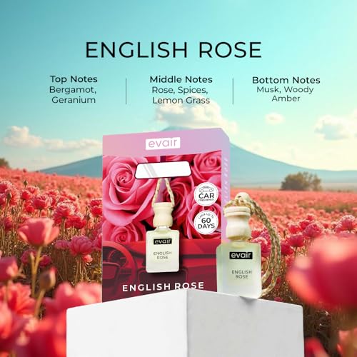 Image of Evair English Rose Car Air Freshener | Hanging Car Perfume | Premium Car Fresheners | Car Aroma with Essential Oils| Hanging Perfume for Car in Glass Bottle with Wooden Diffuser Lid (10ml, Pack of 1)