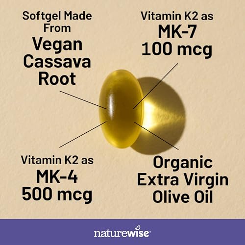 naturewise vitamin k2 600mcg supplement with mk-7 100mcg amp mk-4 500mcg - enhanced bioavailable formula - k complex for bone and heart health - vegan gluten free non-gmo
