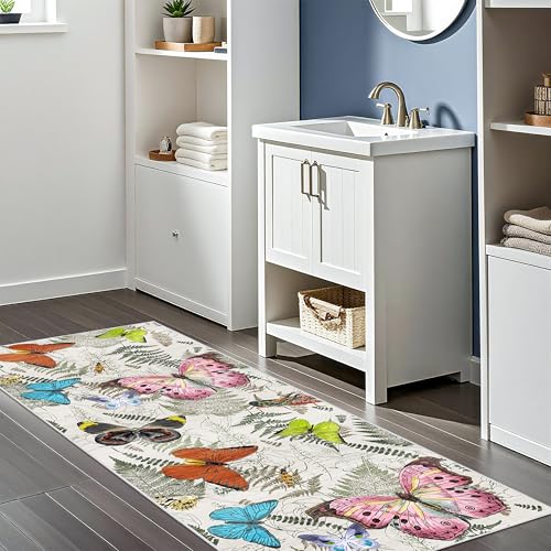 RUUGME Washable 2x5 Runner Rug - Boho Rugs for Living Room Kitchen Stain Resistant Carpet Vintage Tribal Rugs for Bedroom Bathroom with Non Slip Backing Floor Decoration Mat 2x5 Butterfly Beige