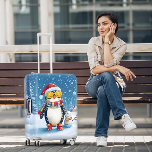 Image of Christmas Penguin Luggage Cover - Cute Winter Penguin Suitcase Protector, Holiday Travel Luggage Sleeve, Stretchable & Waterproof, M