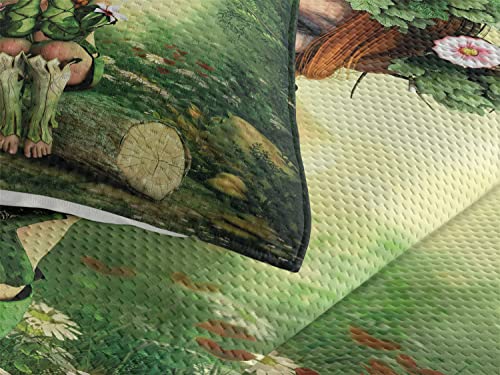 Ambesonne Tale Coverlet, Computer Art Elf Girl Wreath Her Head Sitting on a Tree Stump, 3 Piece Decorative Quilted Bedspread Set with 2 Pillow Shams, Queen Size, Green Beige Pink