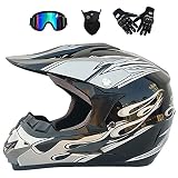 VOMI Casco Downhill de Moto Adolescentes Cascos de Motocross Niños con Gafas Máscara Guantes, Casco de Cross Adultos para, Carreras MTB ATV MX Dirt Bike Bici de Montaña, Dot Aprobado,Gris,L