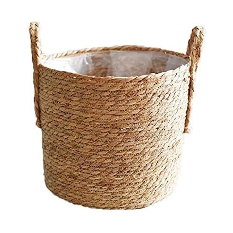 LSFYYDS Diameter of 35cm Seagrass Planter Basket, Natural Plant Pots Containers, Hand Woven Plant Pot Cover with Leak-Proof Plastic Lining for Indoor Outdoor Garden Balcony Home Decoration Cover