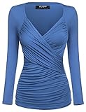Zeagoo Women's Cross-front V-Neck Ruched Long Sleeve Blouse, Blue, XX-Large