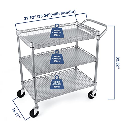 Wdt NEW3CART Heavy Duty 3 Tier Utility Cart,990Lbs Capacity Wire Rolling Cart With Wheels, Commercial Grade Service Cart With Shelving Liners And Handle Bar Metal Carts thumb #3