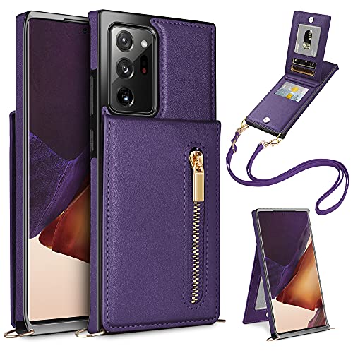 HianDier Compatible with Galaxy Note 20 Ultra Wallet Case 5G 6.9-inch Card Holder Zipper Back Flip with Crossbody Lanyard Kickstand Credit Card Slot Soft PU Leather Square Cover, Purple