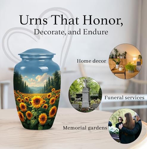 Image of Sunflower Flower Urns for Human Remains - Blue Funeral Urns for Adult Ashes Women - Yellow Sunflower Urn for Human Ashes Adult Male - Large Decorative Urn for Mom and Dad 10inch