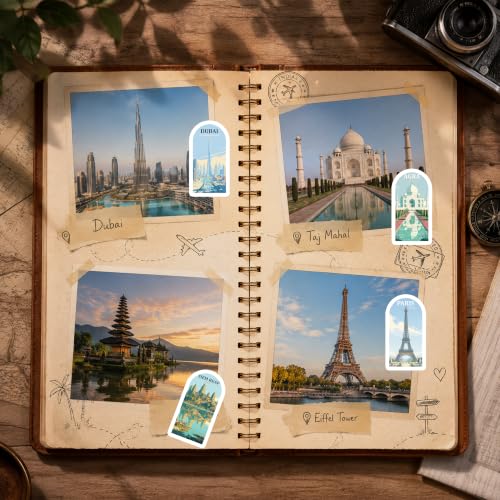 Image of Vintage Travel Landmark Vinyl Sticker Pack of 80 | Waterproof Aesthetic City & Landscape Decals for Laptop, Water Bottle, Suitcase, Journal, Notebook, & Scrapbook | World Travel Poster Collection