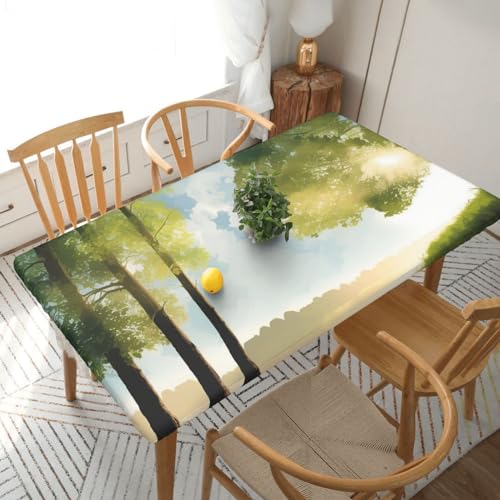 Xzeit Landscape Trees Rectangle Tablecloth Elastic Fitted Table Covers for 5 Ft Tables Stretch Table Cloths Outdoor Waterproof Table Cloth Cover for Picnic Camping Indoor Outdoor 30