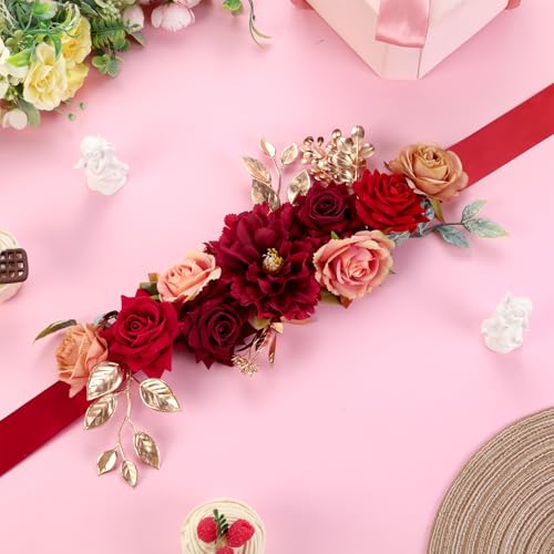 Burgundy Red Flower Belt Maternity Sash, Rose Gold Handmade Flower Belly Belt for Wedding Baby Shower Gender Reveal Party Decorations Supplies Photo Props4