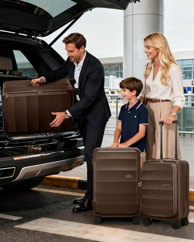 Image of Joyway Expandable 5 Piece Luggage Sets with Front Pocket, Coffee | Top Opening Suitcase, Laptop Compartment, Silent Spinning Wheels, Includes Backpack & Bag, Great For Family Travel